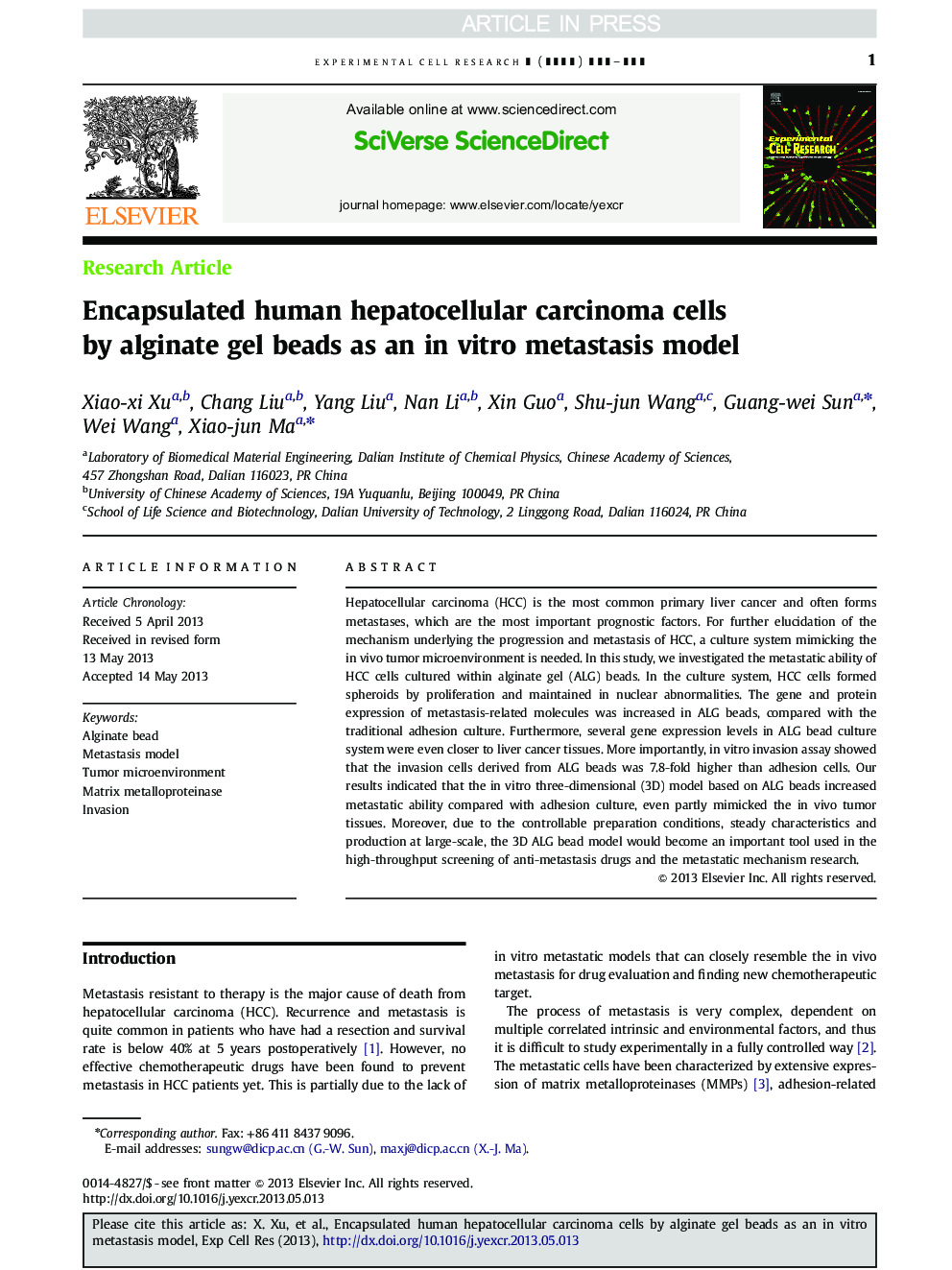 Encapsulated human hepatocellular carcinoma cells by alginate gel beads as an in vitro metastasis model