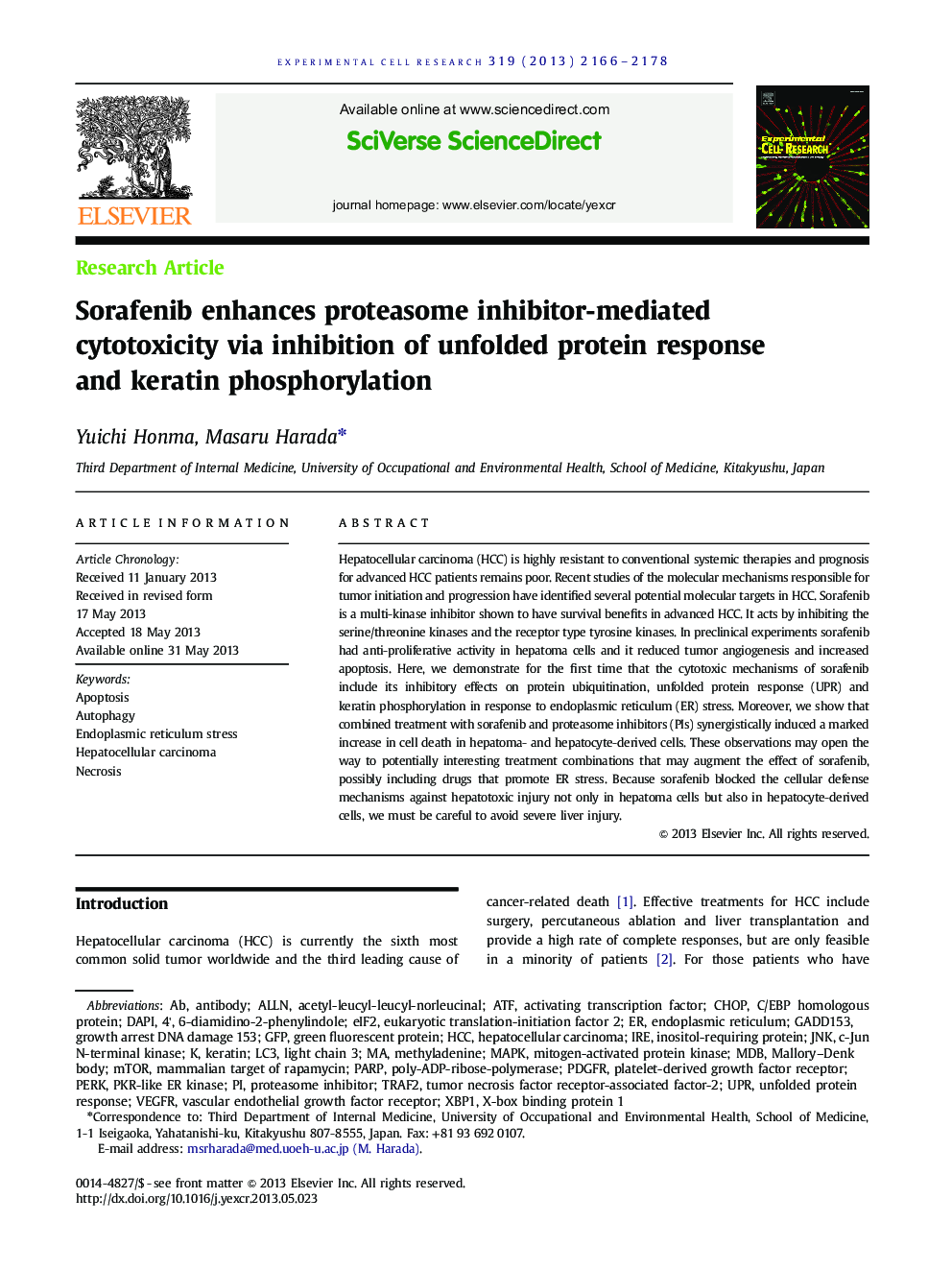 Sorafenib enhances proteasome inhibitor-mediated cytotoxicity via inhibition of unfolded protein response and keratin phosphorylation