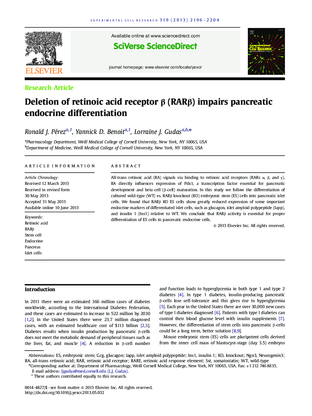 Deletion of retinoic acid receptor Î² (RARÎ²) impairs pancreatic endocrine differentiation