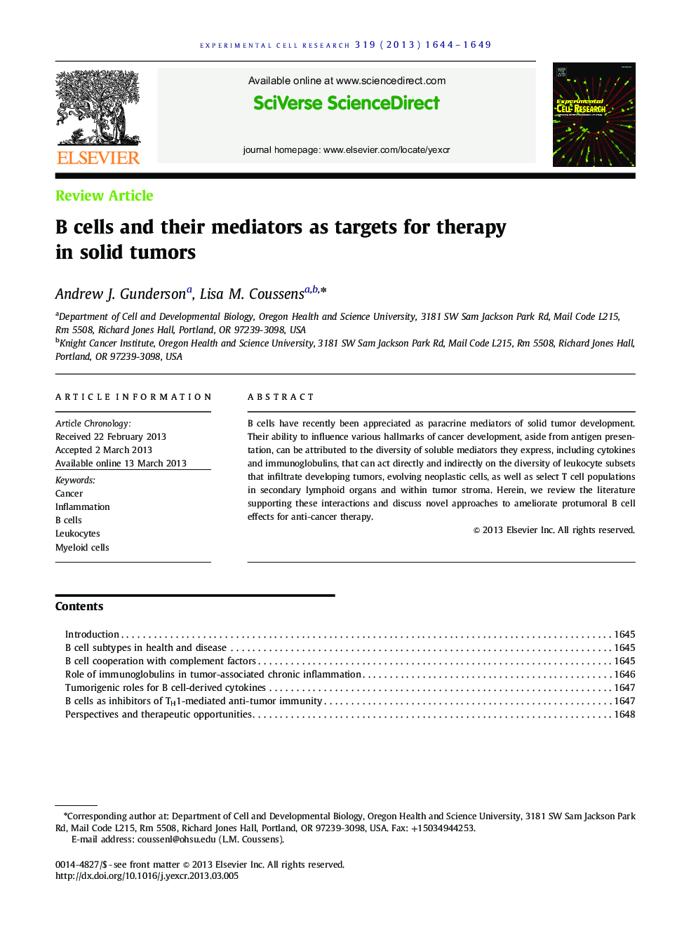 B cells and their mediators as targets for therapy in solid tumors