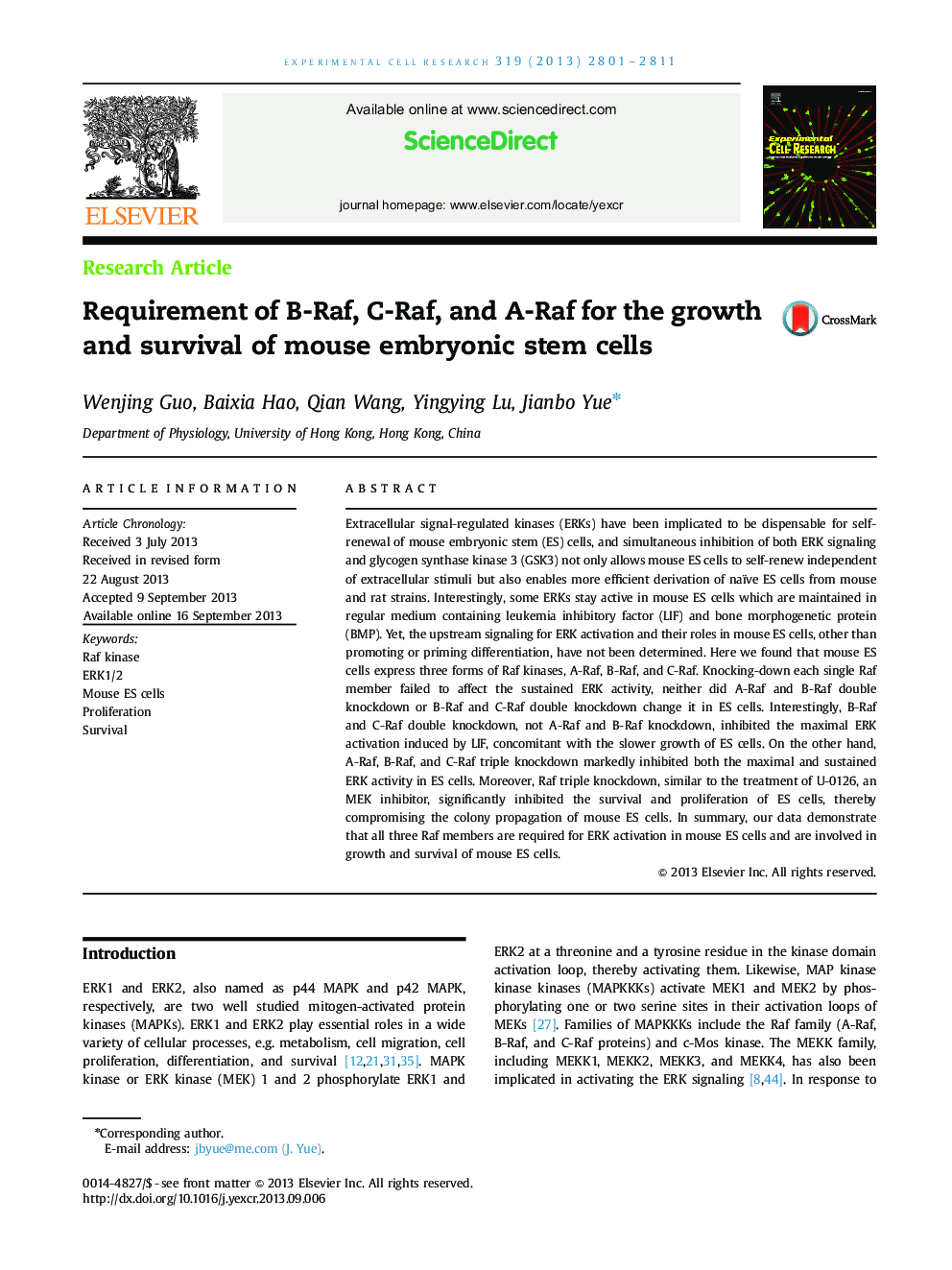 Requirement of B-Raf, C-Raf, and A-Raf for the growth and survival of mouse embryonic stem cells