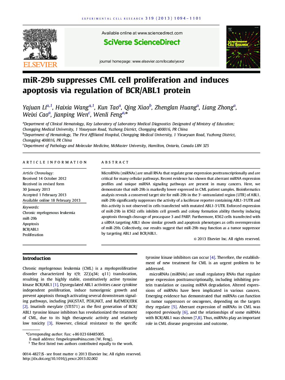 miR-29b suppresses CML cell proliferation and induces apoptosis via regulation of BCR/ABL1 protein