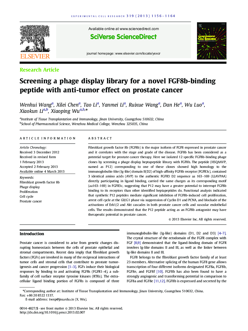 Screening a phage display library for a novel FGF8b-binding peptide with anti-tumor effect on prostate cancer