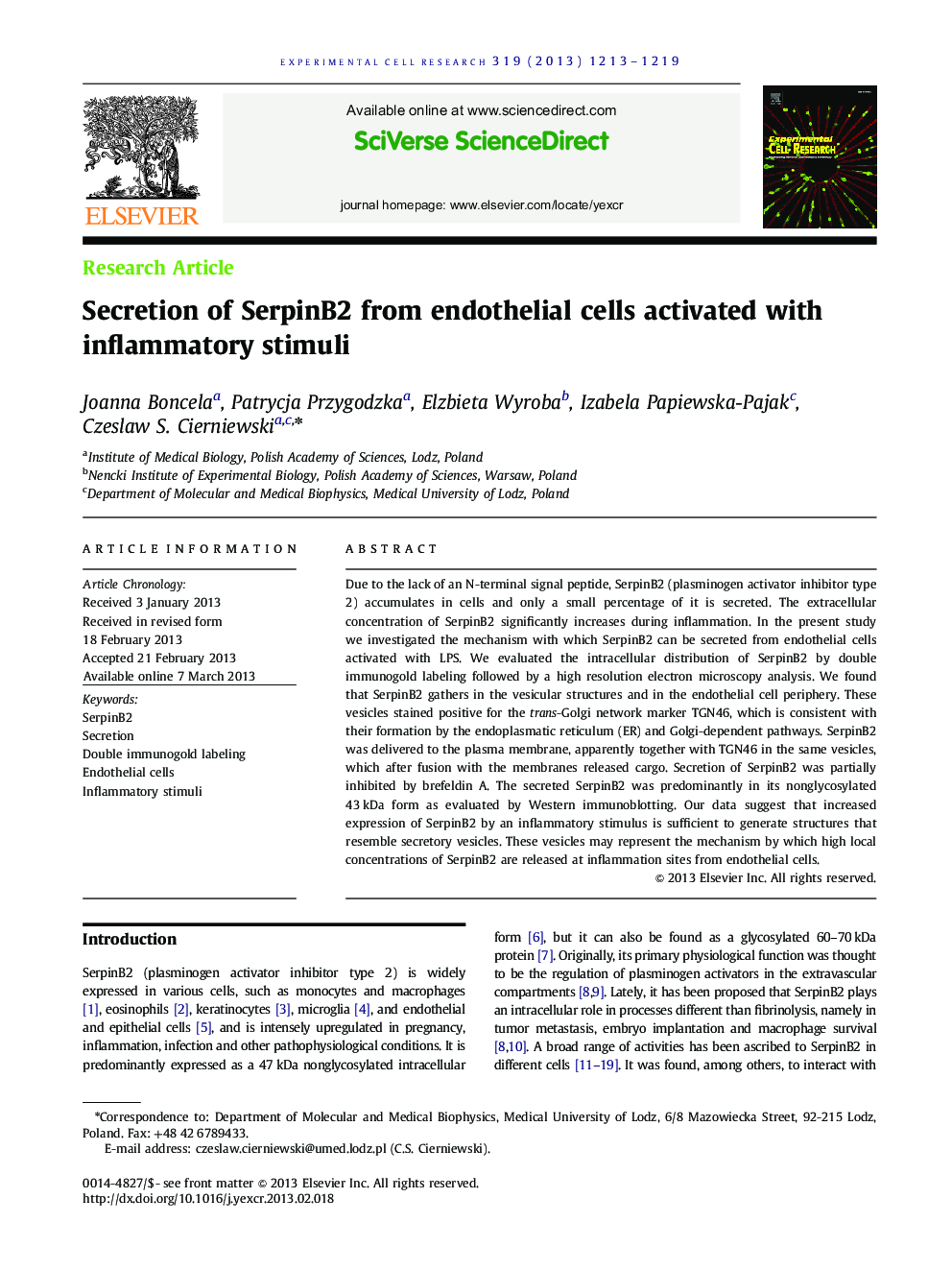 Secretion of SerpinB2 from endothelial cells activated with inflammatory stimuli