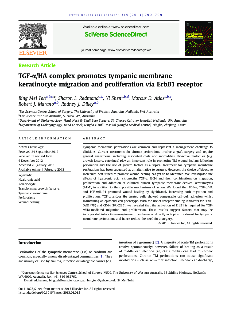 TGF-Î±/HA complex promotes tympanic membrane keratinocyte migration and proliferation via ErbB1 receptor