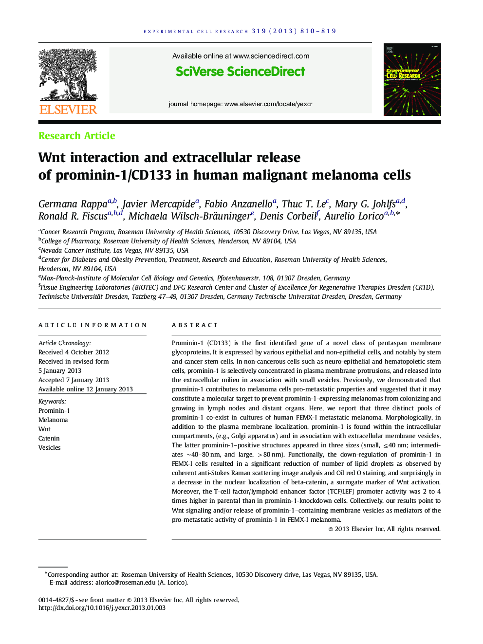 Wnt interaction and extracellular release of prominin-1/CD133 in human malignant melanoma cells