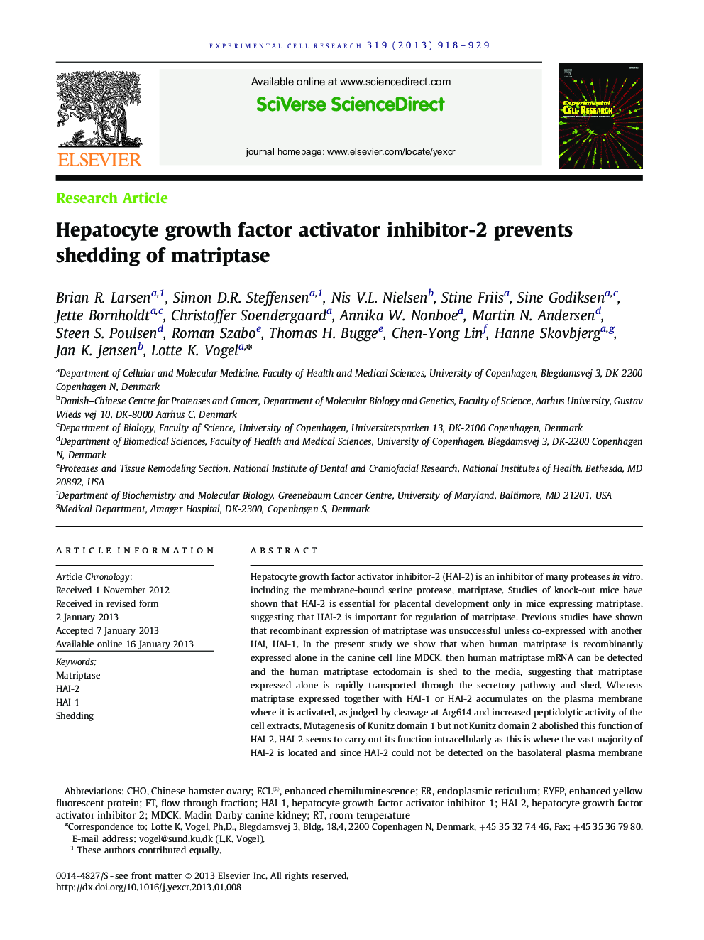 Hepatocyte growth factor activator inhibitor-2 prevents shedding of matriptase