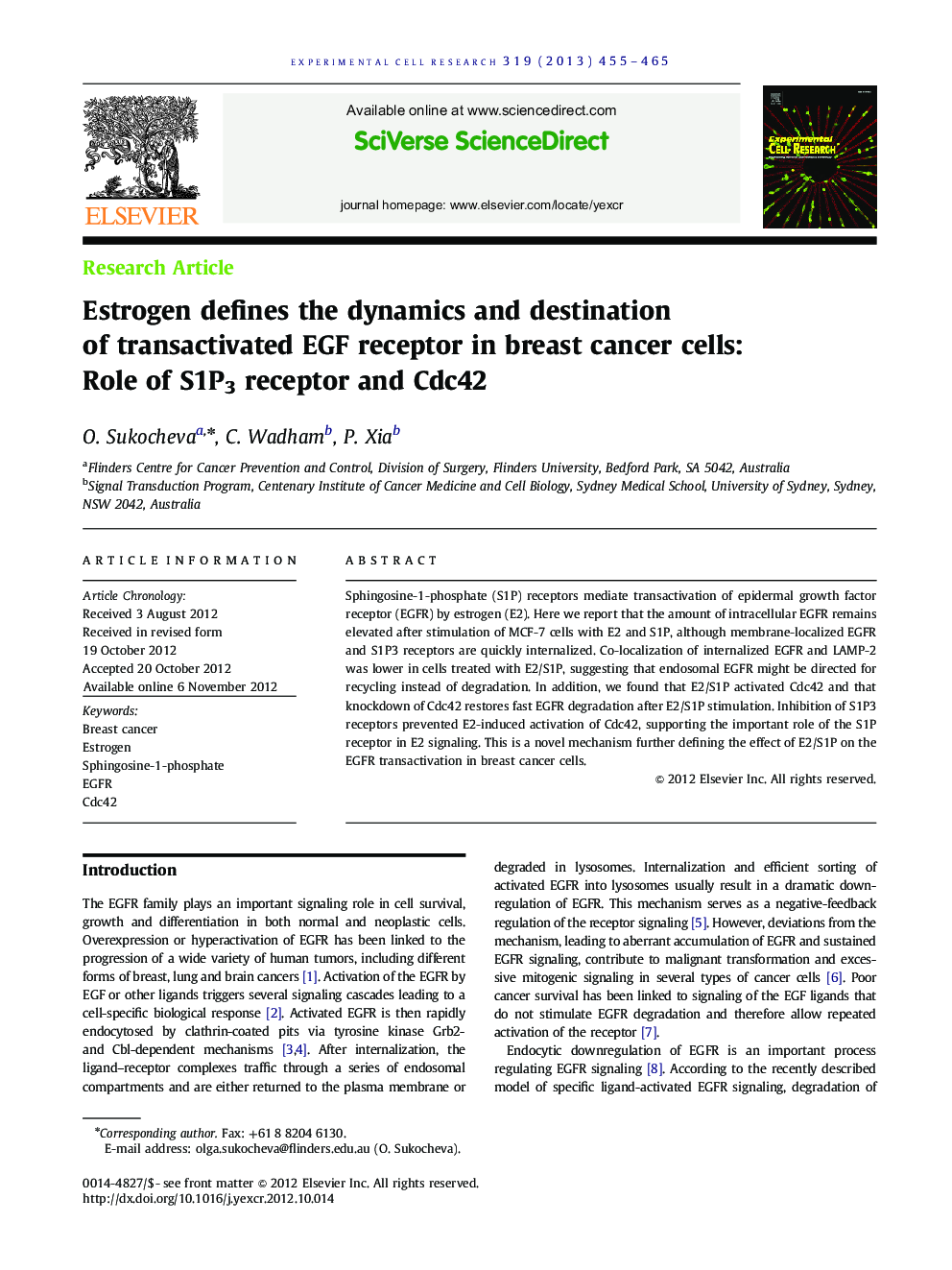 Estrogen defines the dynamics and destination of transactivated EGF receptor in breast cancer cells: Role of S1P3 receptor and Cdc42