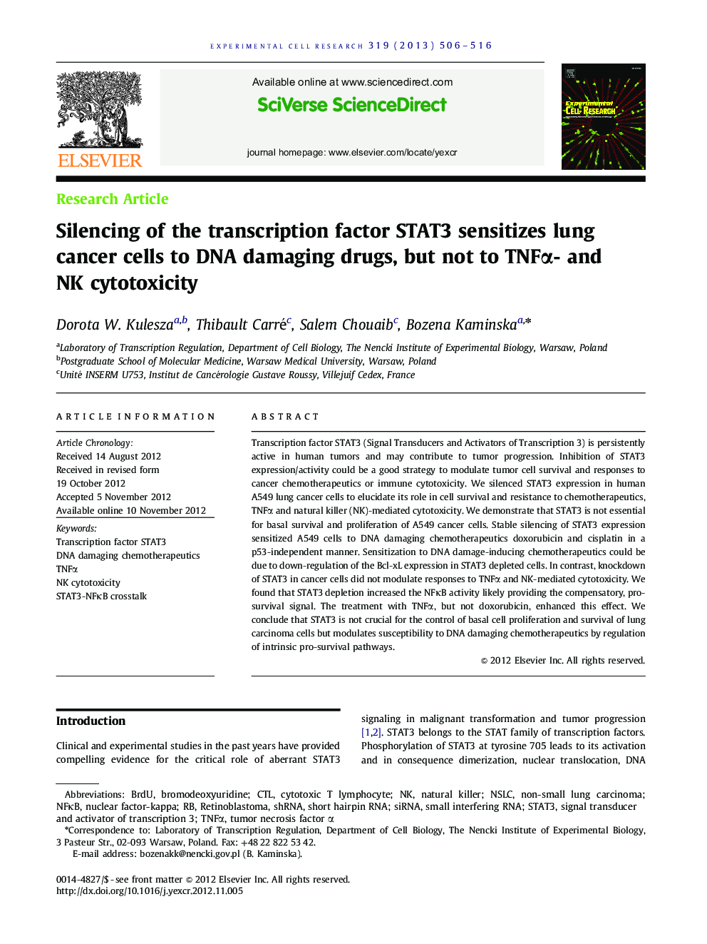 Silencing of the transcription factor STAT3 sensitizes lung cancer cells to DNA damaging drugs, but not to TNFÎ±- and NK cytotoxicity