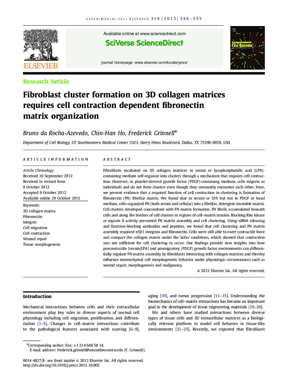 Fibroblast cluster formation on 3D collagen matrices requires cell contraction dependent fibronectin matrix organization