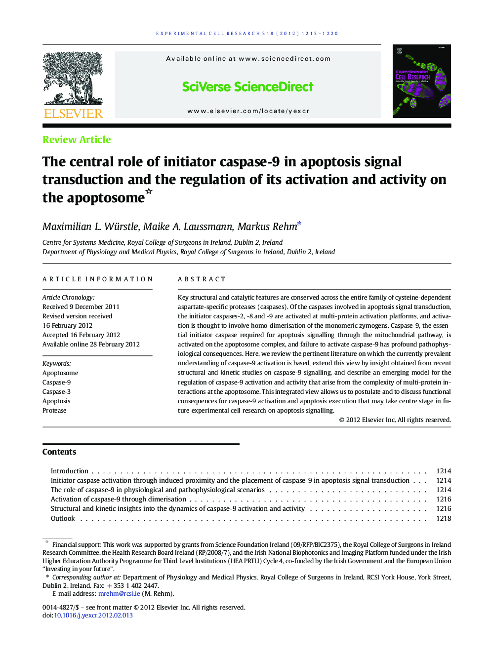 The central role of initiator caspase-9 in apoptosis signal transduction and the regulation of its activation and activity on the apoptosome