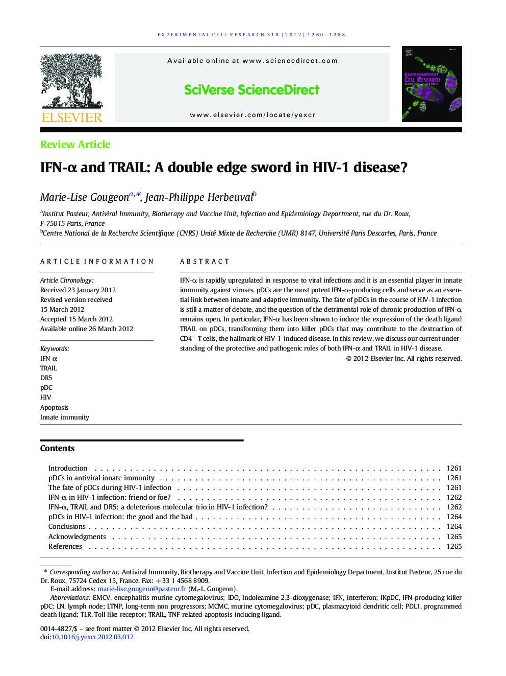 IFN-Î± and TRAIL: A double edge sword in HIV-1 disease?