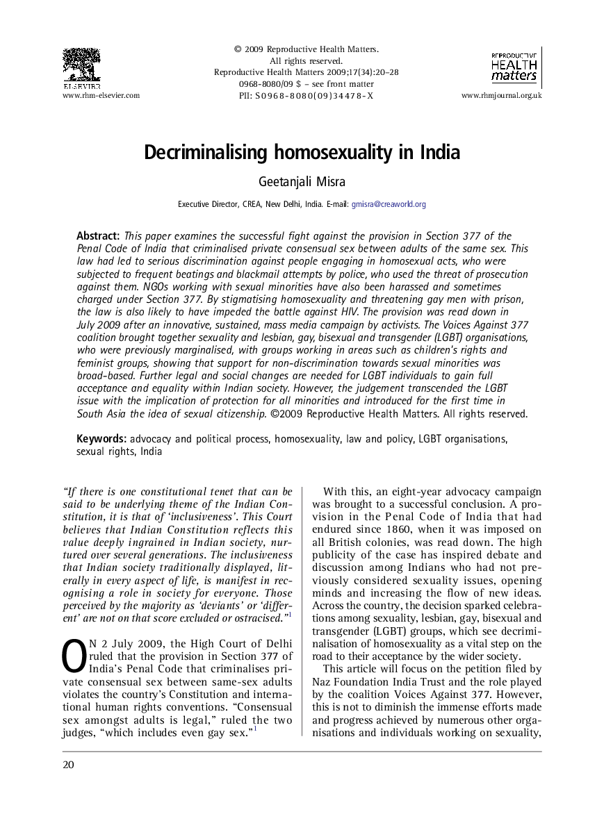 Decriminalising homosexuality in India