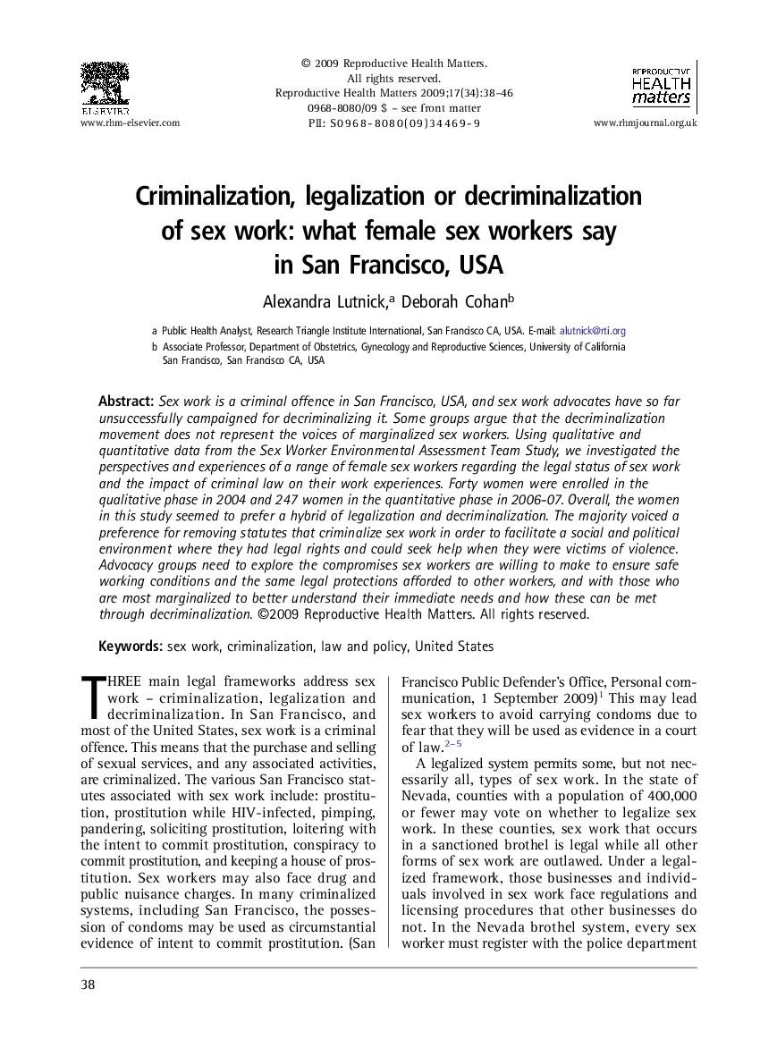 Criminalization, legalization or decriminalization of sex work: what female sex workers say in San Francisco, USA