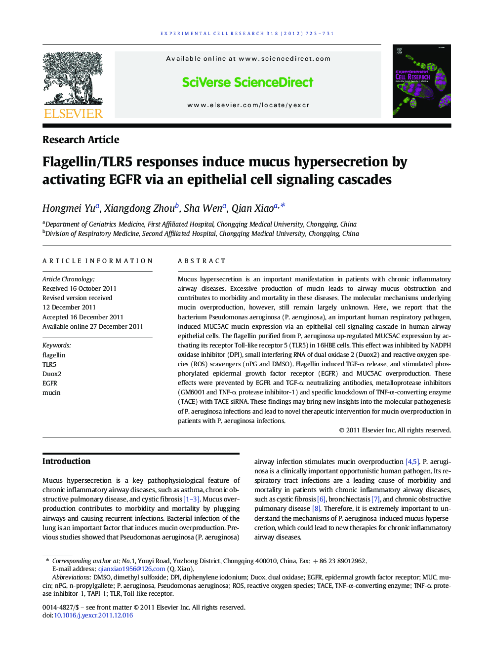 Flagellin/TLR5 responses induce mucus hypersecretion by activating EGFR via an epithelial cell signaling cascades