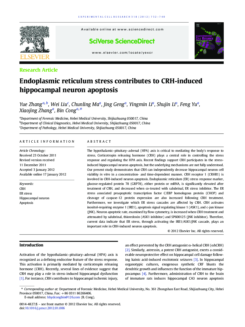 Endoplasmic reticulum stress contributes to CRH-induced hippocampal neuron apoptosis