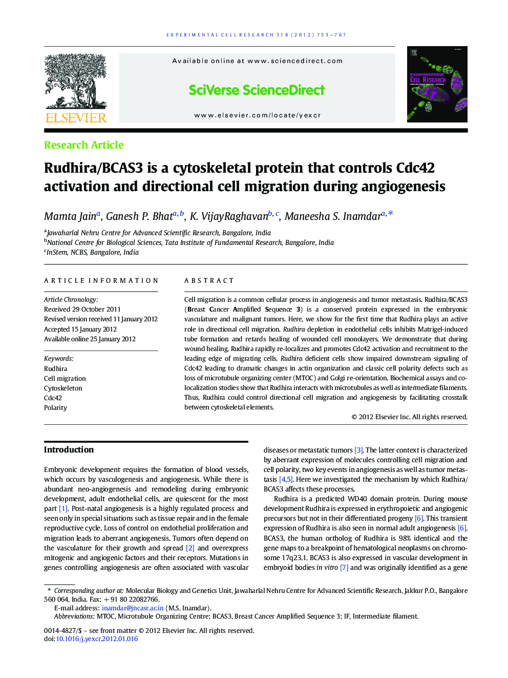 Rudhira/BCAS3 is a cytoskeletal protein that controls Cdc42 activation and directional cell migration during angiogenesis