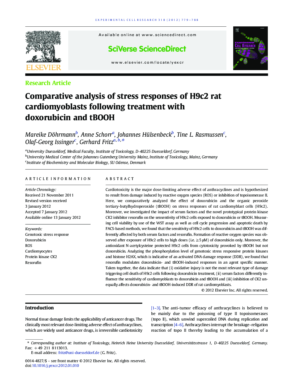 Comparative analysis of stress responses of H9c2 rat cardiomyoblasts following treatment with doxorubicin and tBOOH