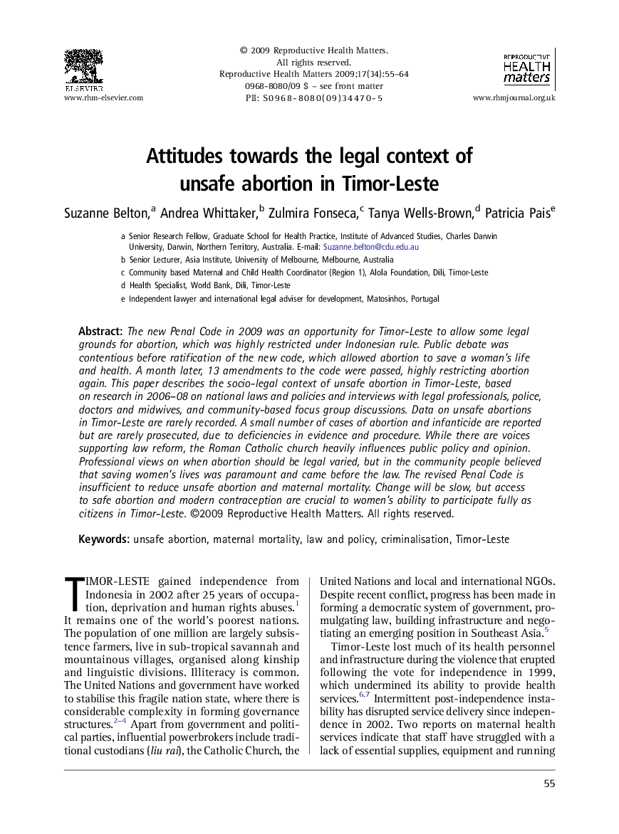 Attitudes towards the legal context of unsafe abortion in Timor-Leste