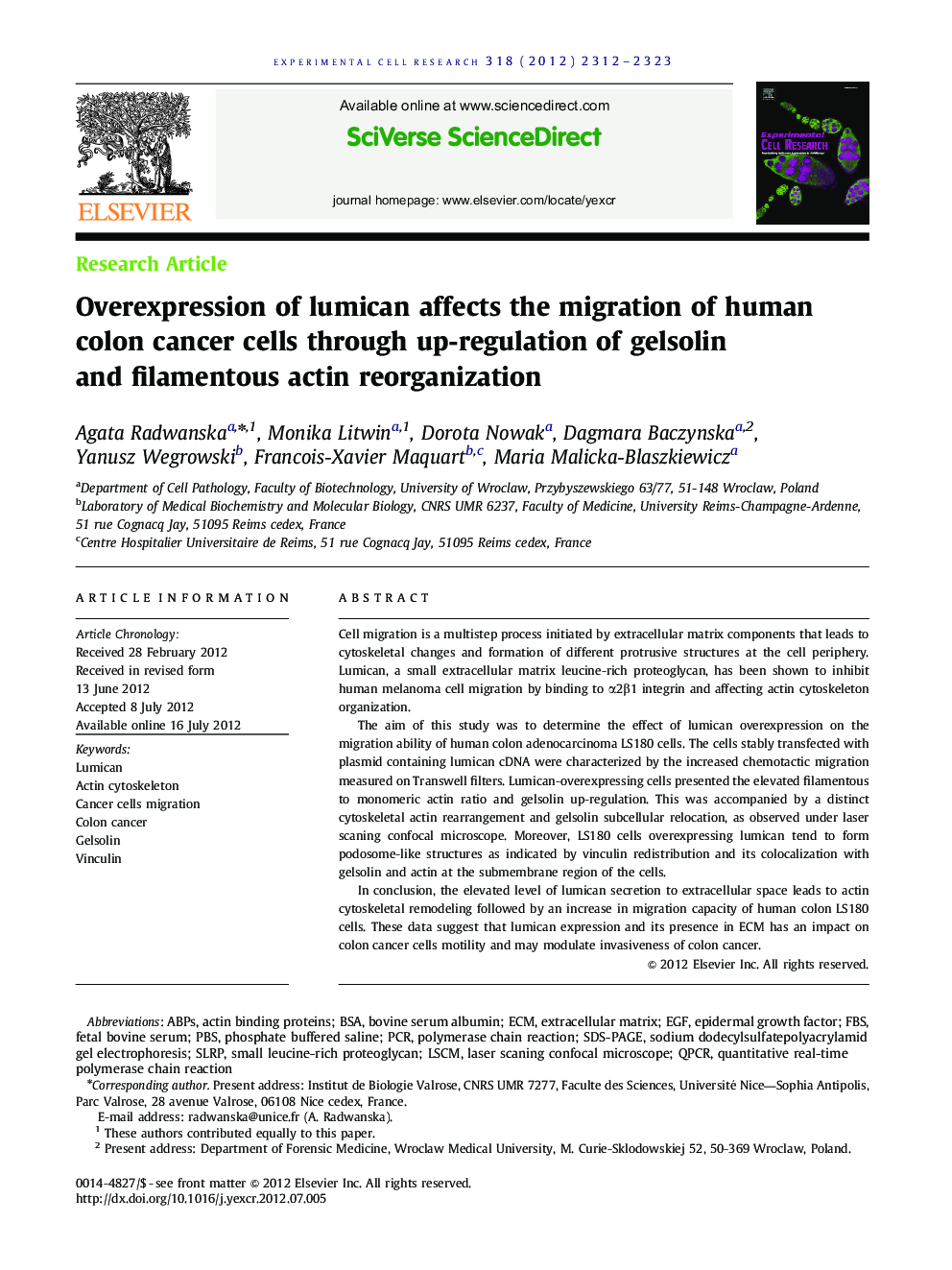 Overexpression of lumican affects the migration of human colon cancer cells through up-regulation of gelsolin and filamentous actin reorganization