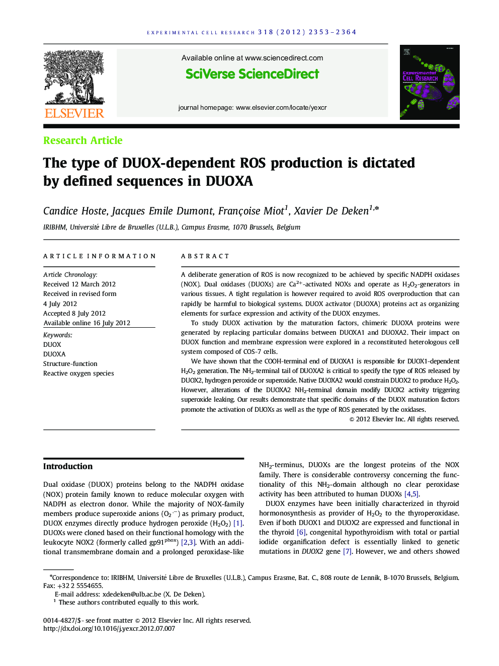The type of DUOX-dependent ROS production is dictated by defined sequences in DUOXA