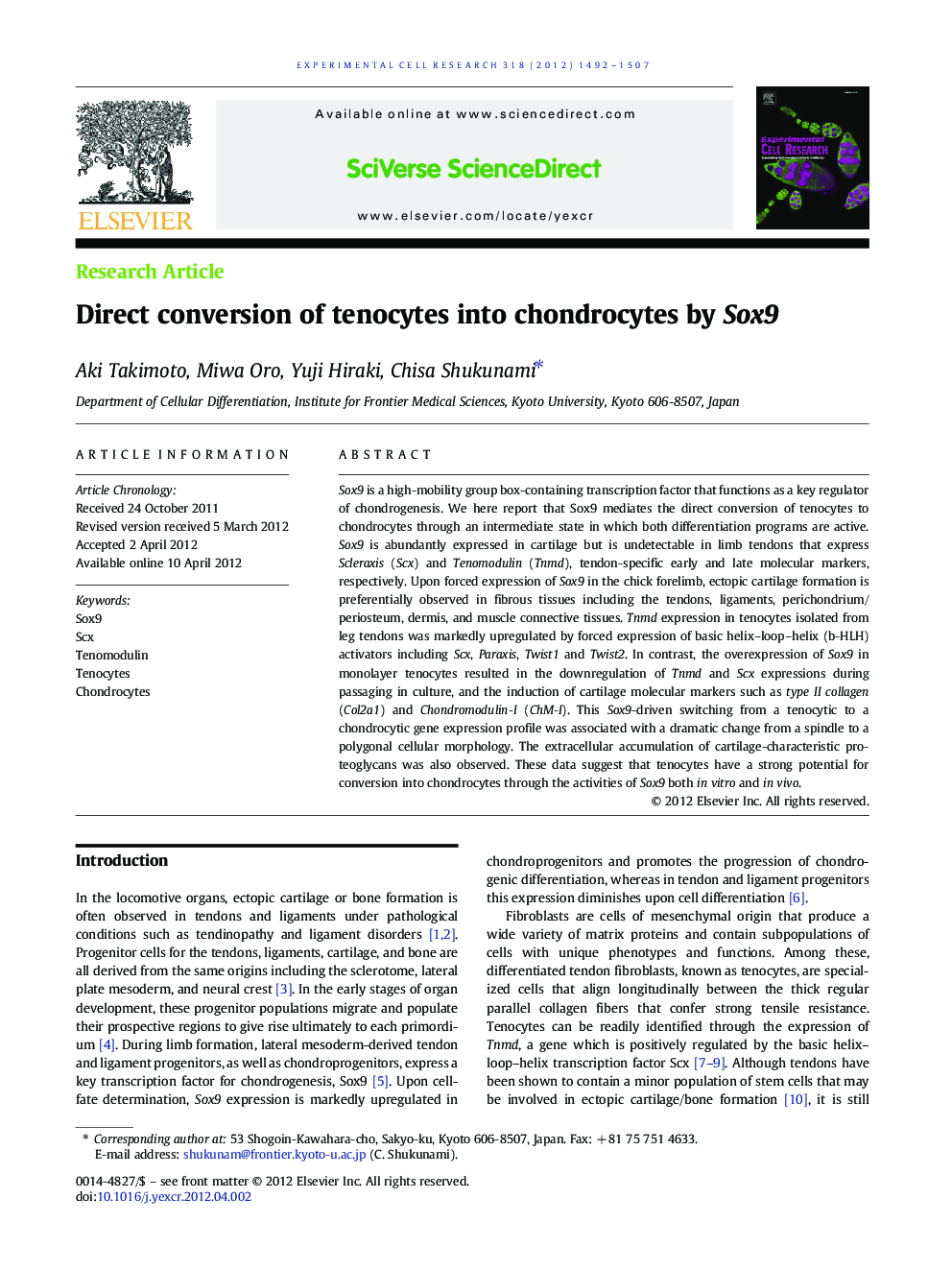 Direct conversion of tenocytes into chondrocytes by Sox9