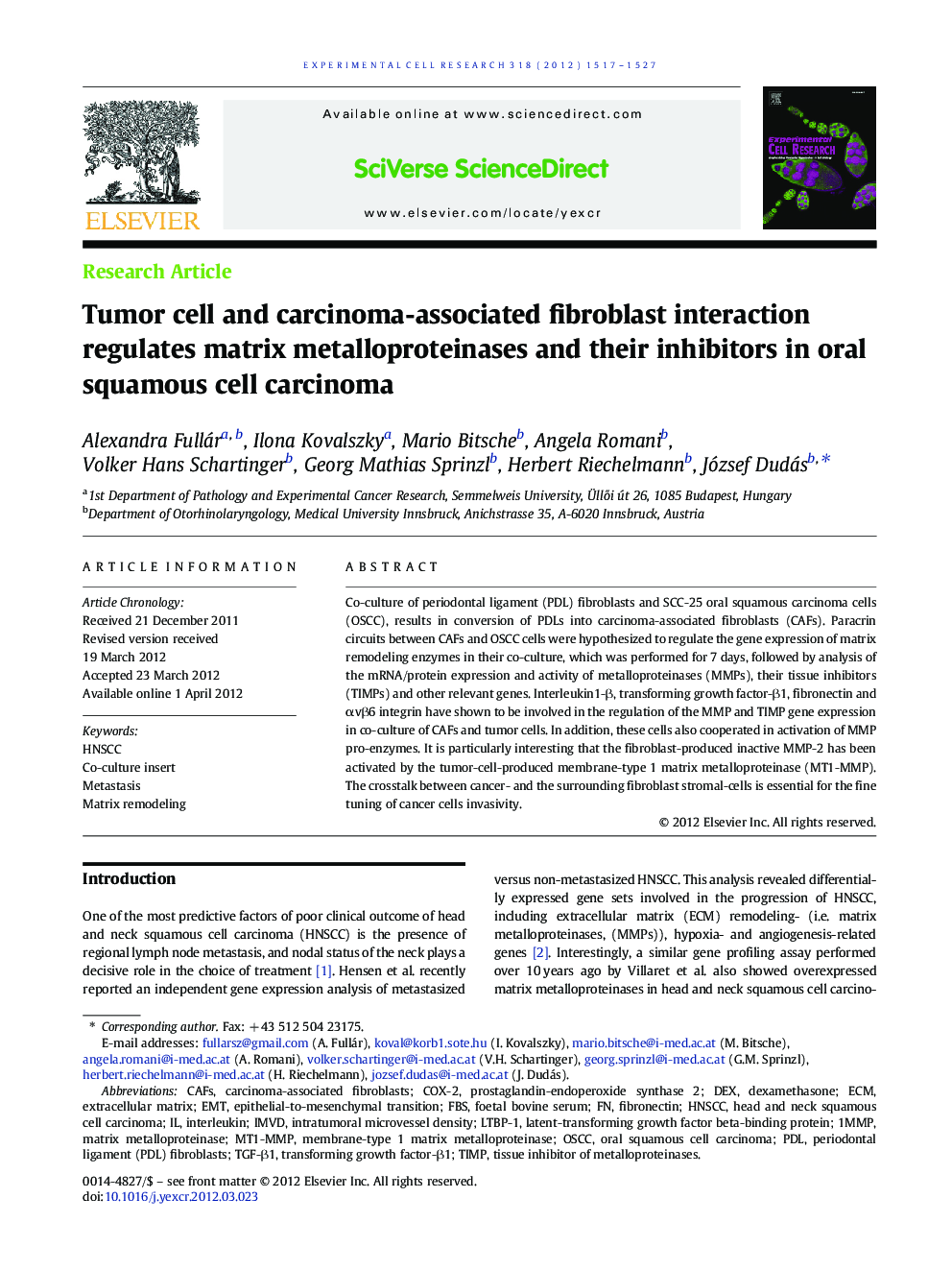 Tumor cell and carcinoma-associated fibroblast interaction regulates matrix metalloproteinases and their inhibitors in oral squamous cell carcinoma