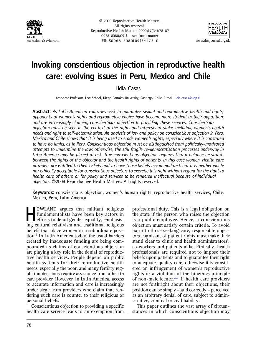 Invoking conscientious objection in reproductive health care: evolving issues in Peru, Mexico and Chile