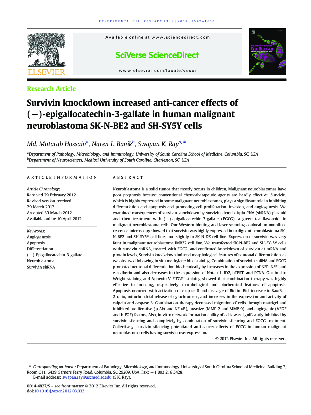 Survivin knockdown increased anti-cancer effects of (â)-epigallocatechin-3-gallate in human malignant neuroblastoma SK-N-BE2 and SH-SY5Y cells