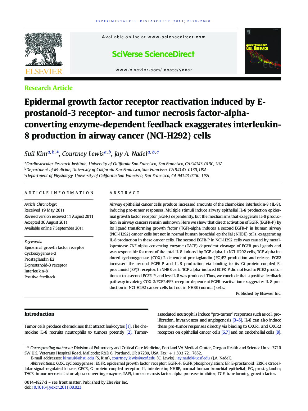 Epidermal growth factor receptor reactivation induced by E-prostanoid-3 receptor- and tumor necrosis factor-alpha-converting enzyme-dependent feedback exaggerates interleukin-8 production in airway cancer (NCI-H292) cells