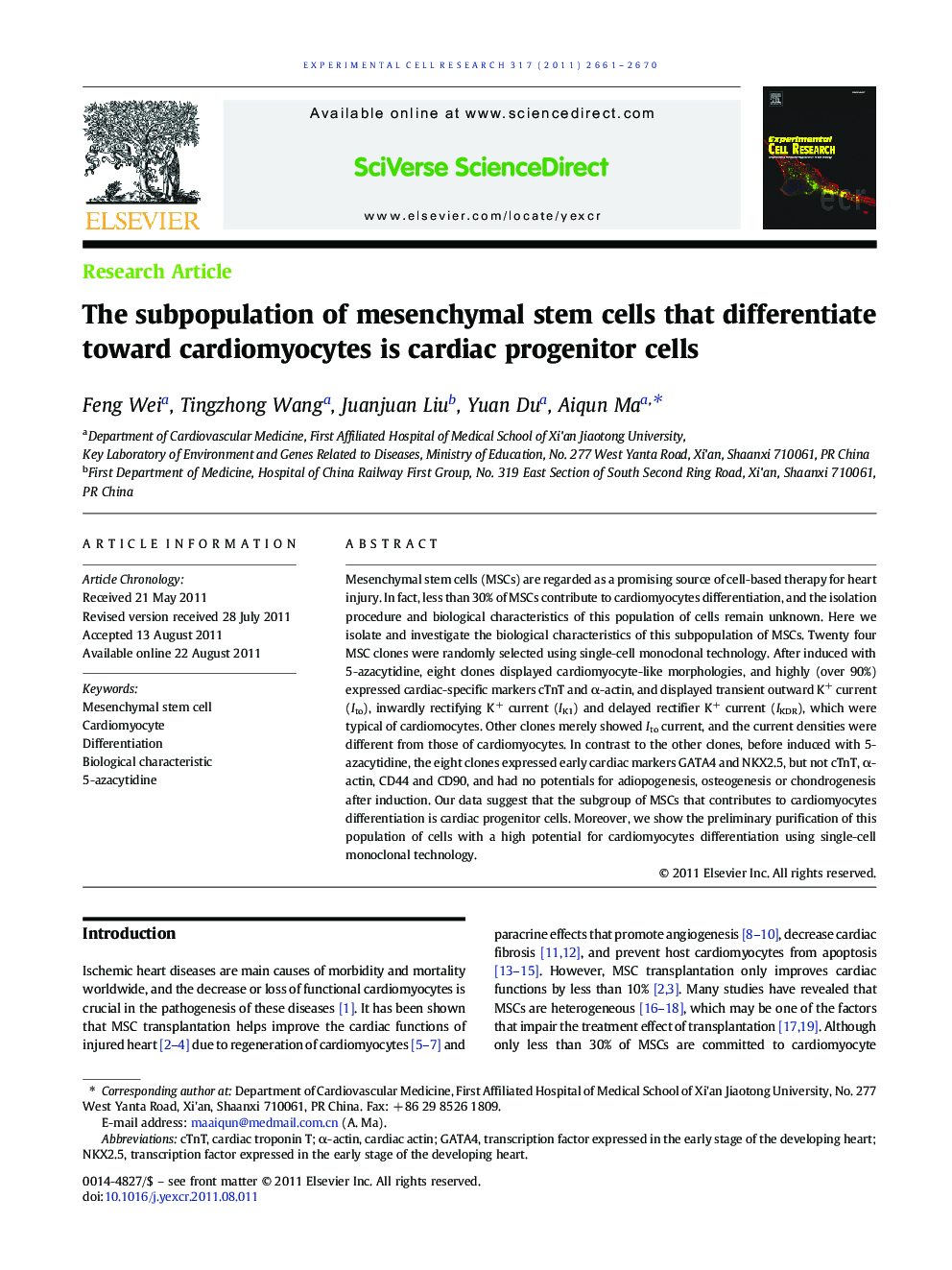 The subpopulation of mesenchymal stem cells that differentiate toward cardiomyocytes is cardiac progenitor cells