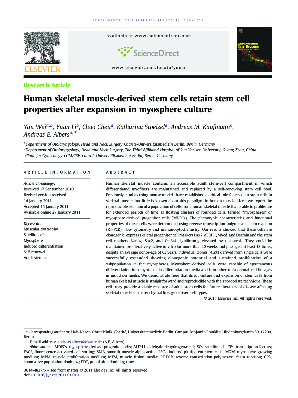 Human skeletal muscle-derived stem cells retain stem cell properties after expansion in myosphere culture