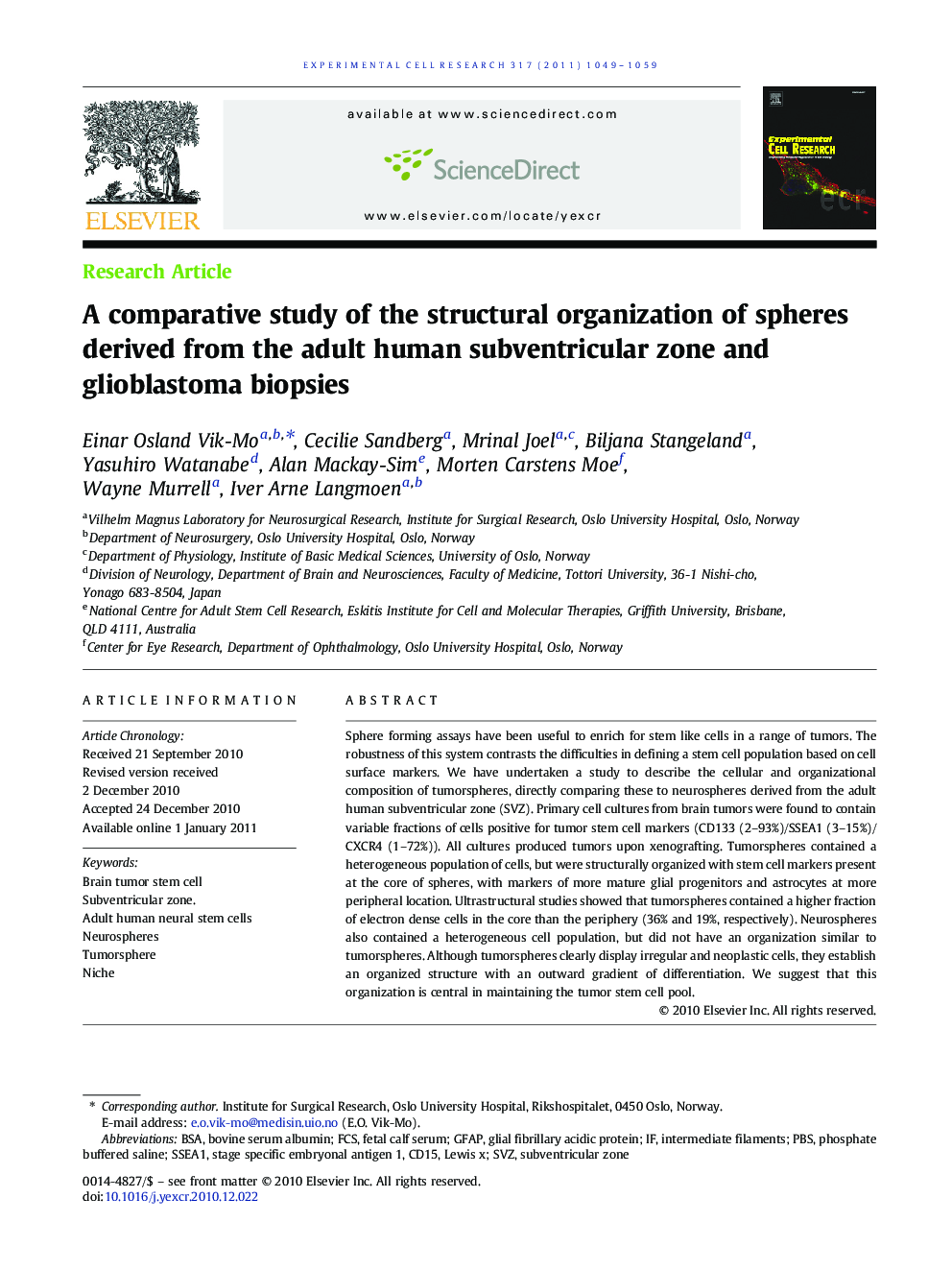 A comparative study of the structural organization of spheres derived from the adult human subventricular zone and glioblastoma biopsies