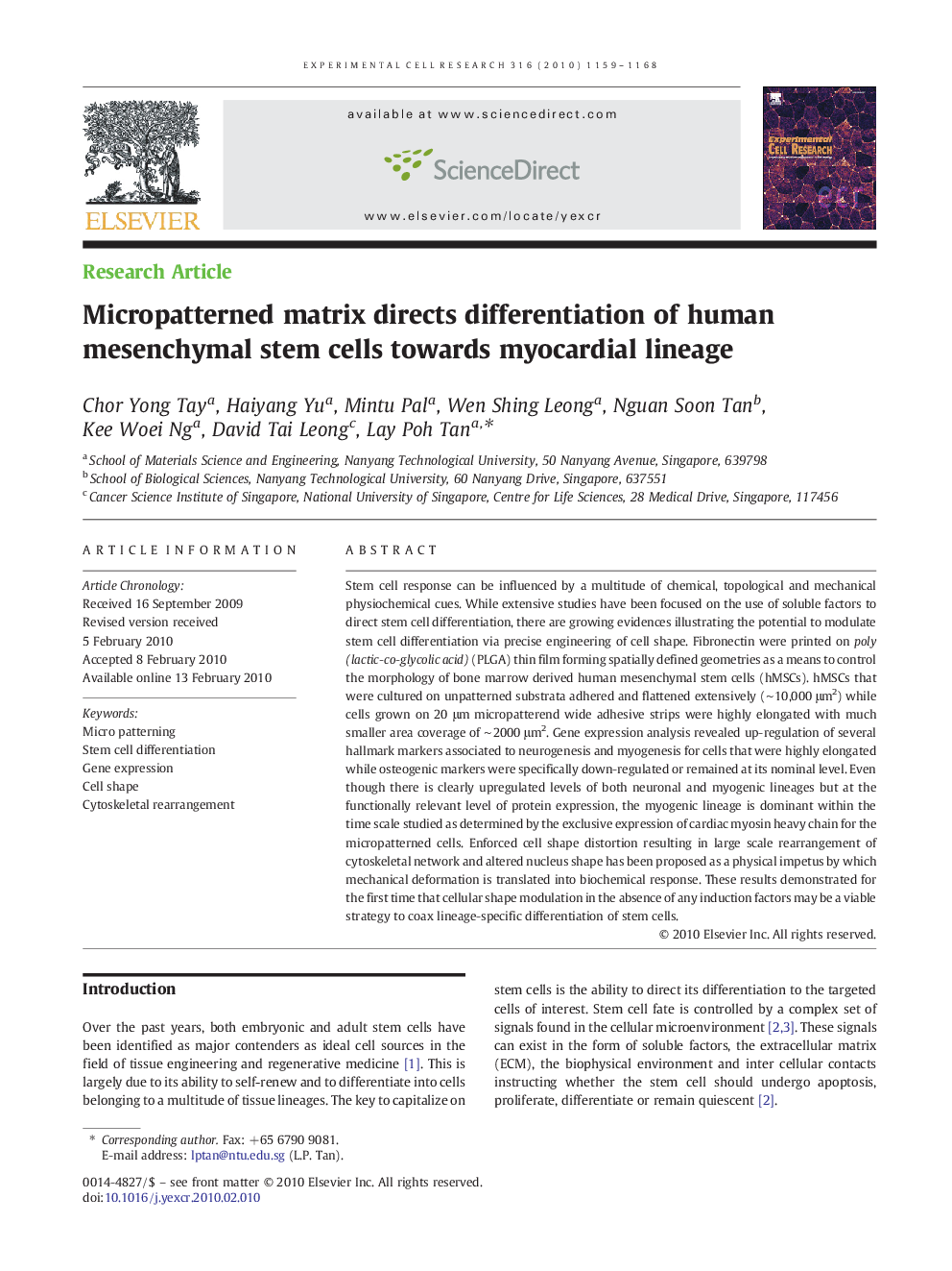 Micropatterned matrix directs differentiation of human mesenchymal stem cells towards myocardial lineage