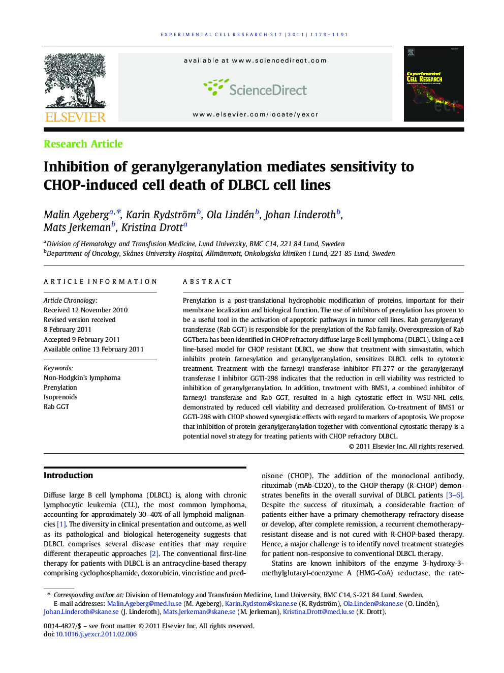 Inhibition of geranylgeranylation mediates sensitivity to CHOP-induced cell death of DLBCL cell lines