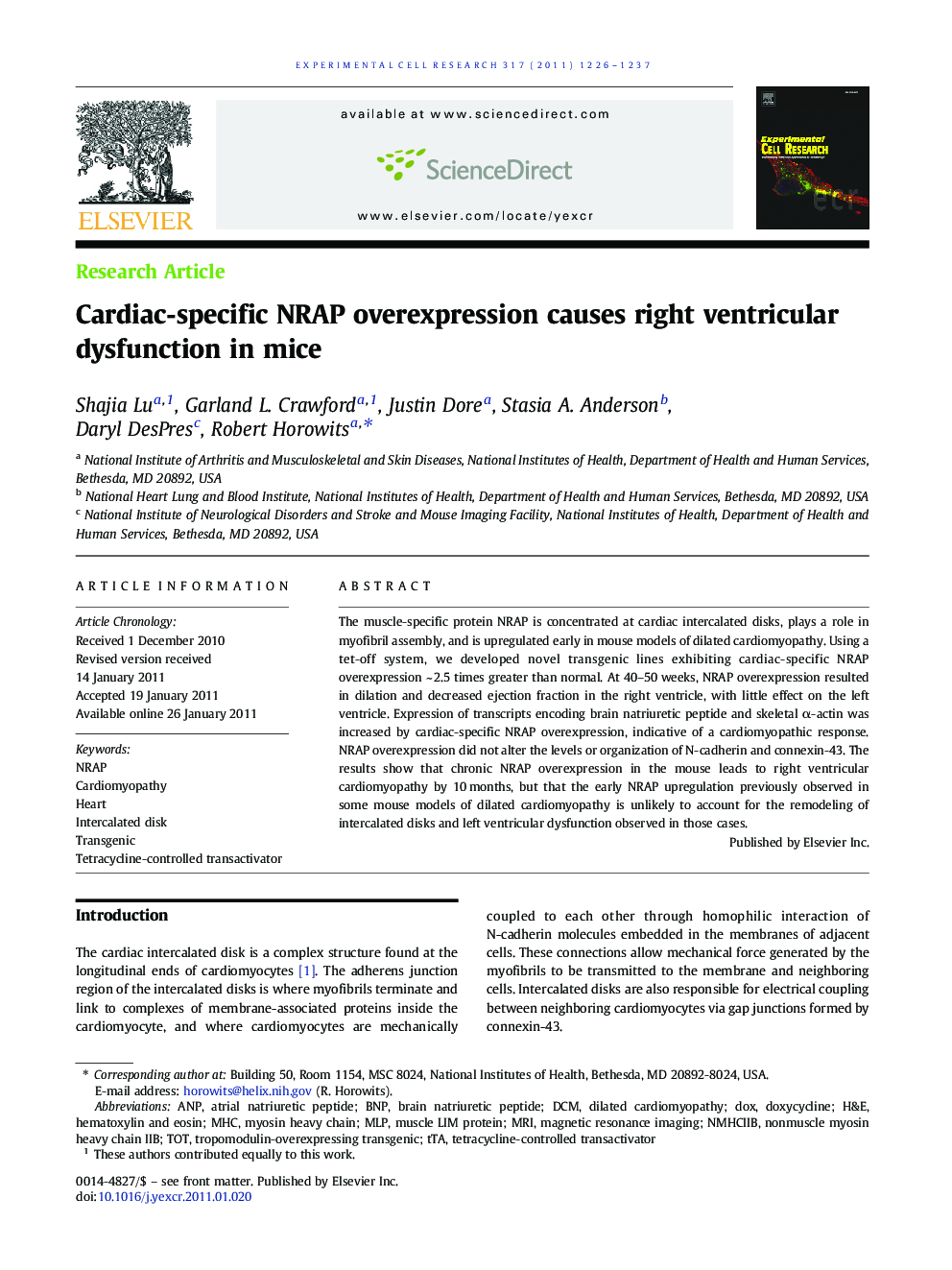 Cardiac-specific NRAP overexpression causes right ventricular dysfunction in mice