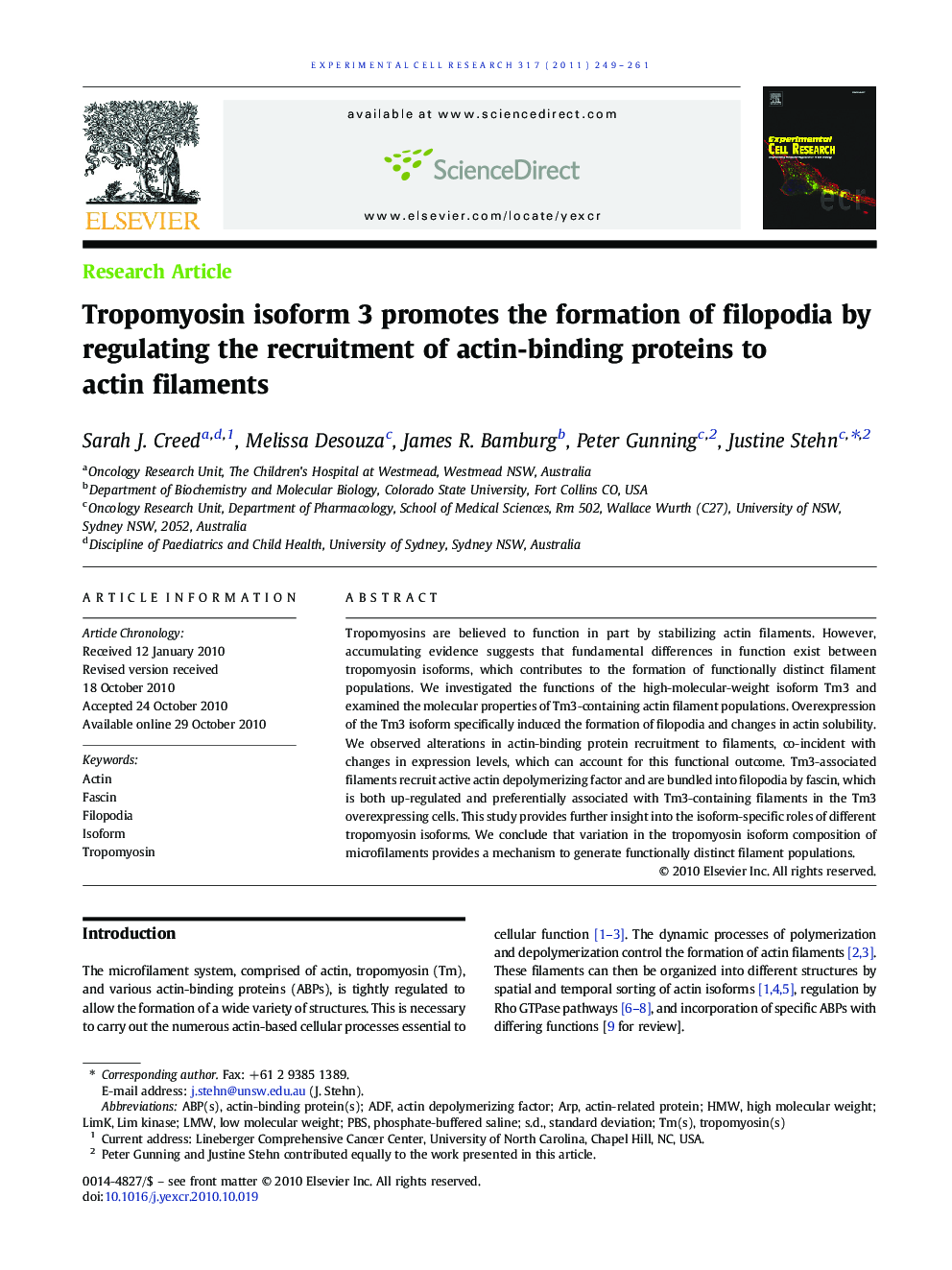 Tropomyosin isoform 3 promotes the formation of filopodia by regulating the recruitment of actin-binding proteins to actin filaments