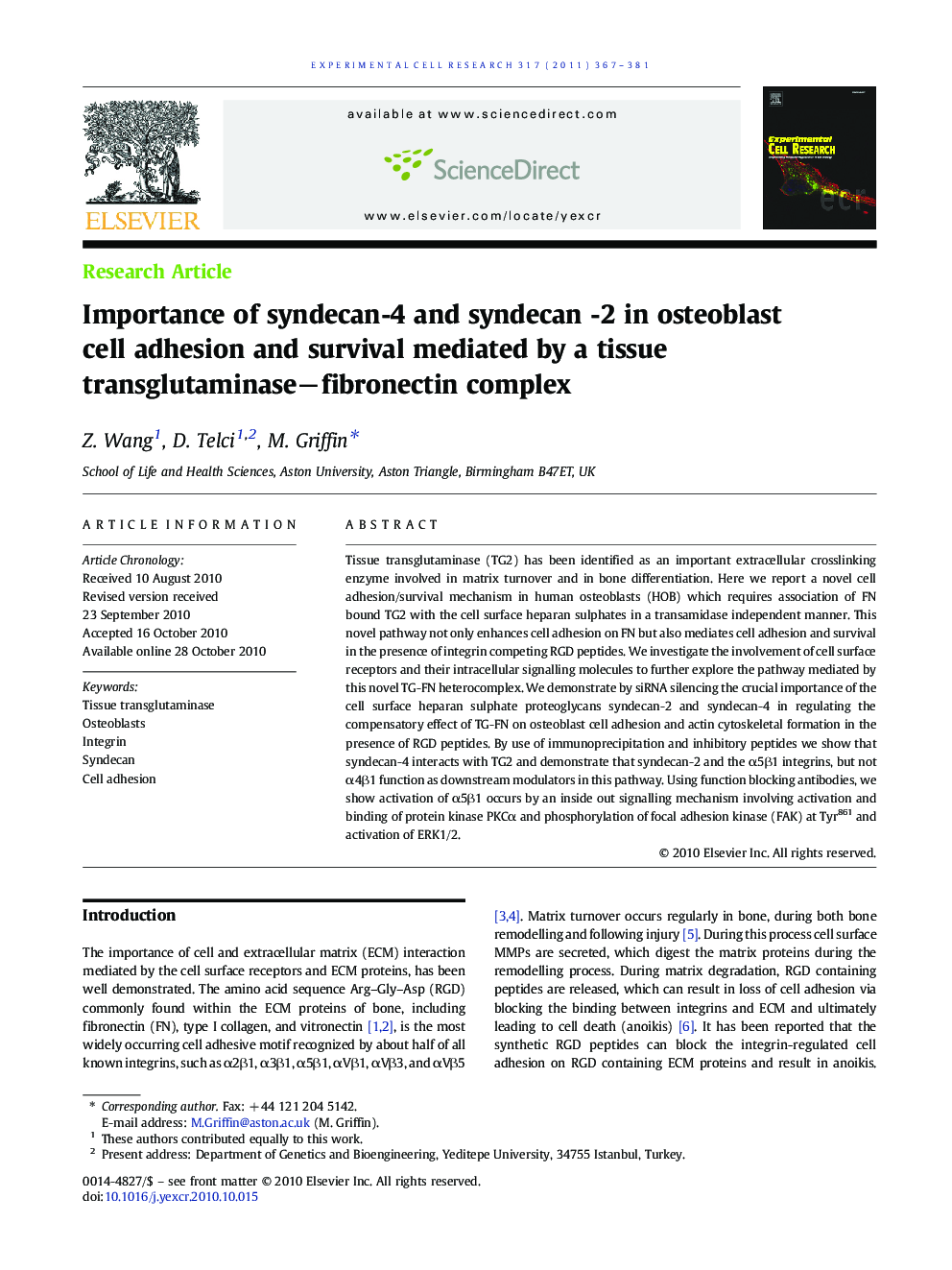 Importance of syndecan-4 and syndecan -2 in osteoblast cell adhesion and survival mediated by a tissue transglutaminaseâfibronectin complex