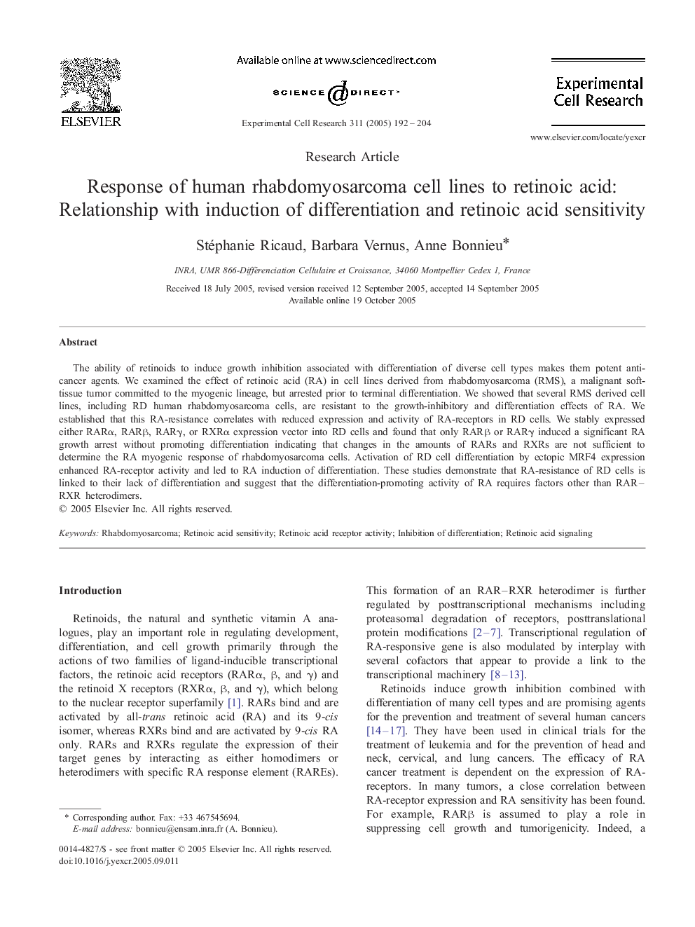 Response of human rhabdomyosarcoma cell lines to retinoic acid: Relationship with induction of differentiation and retinoic acid sensitivity