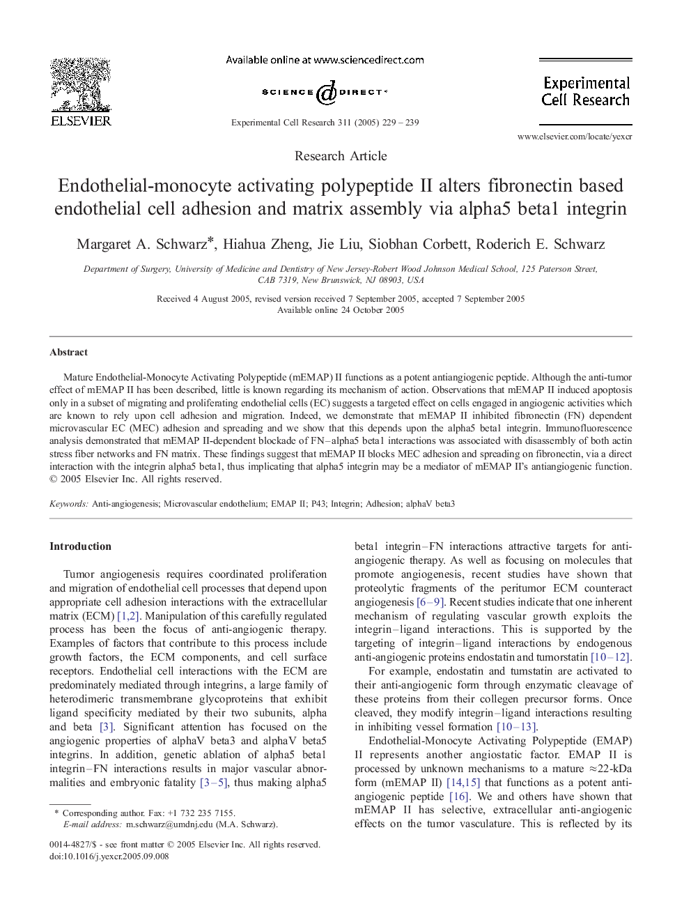 Endothelial-monocyte activating polypeptide II alters fibronectin based endothelial cell adhesion and matrix assembly via alpha5 beta1 integrin