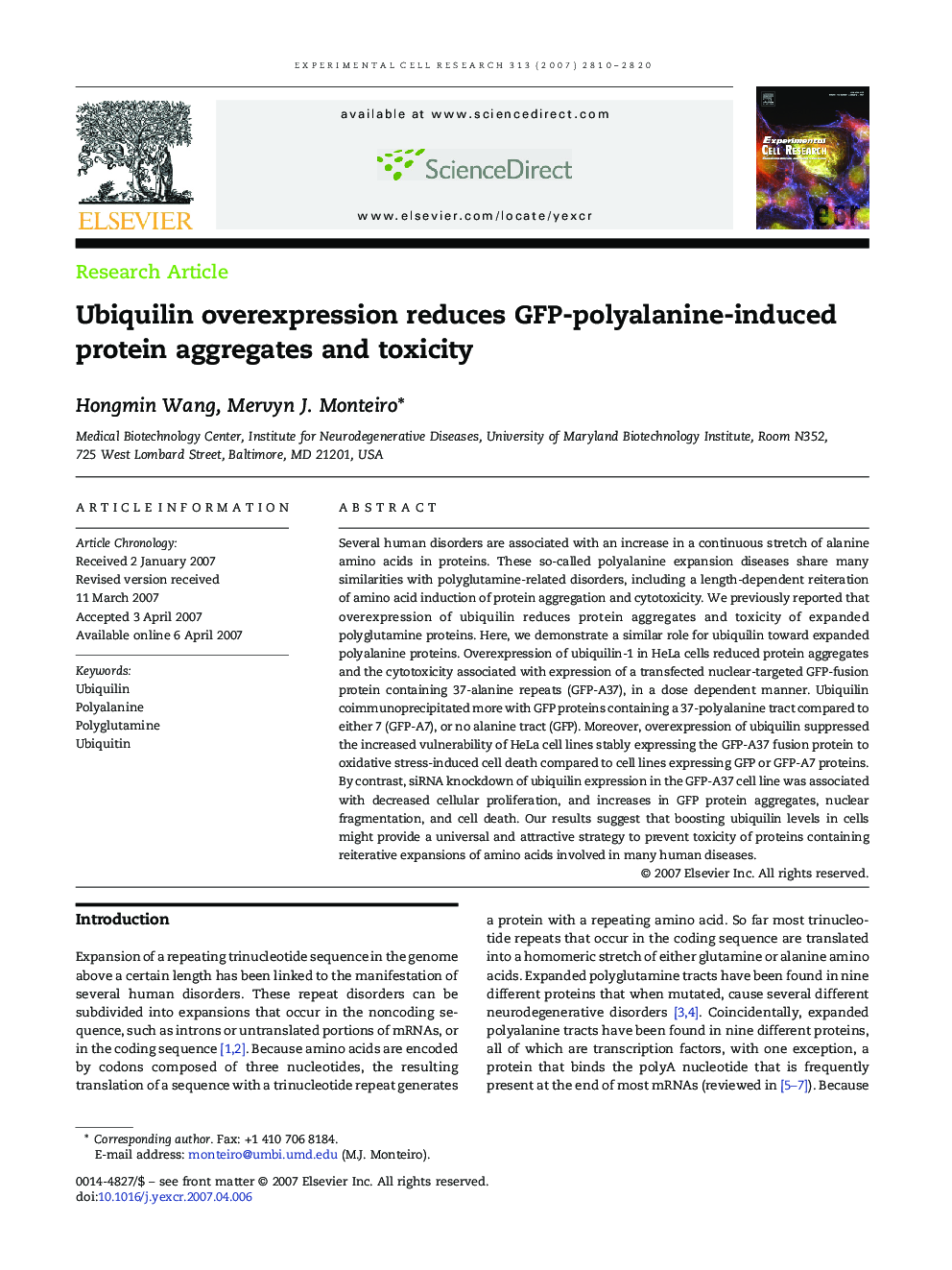 Ubiquilin overexpression reduces GFP-polyalanine-induced protein aggregates and toxicity