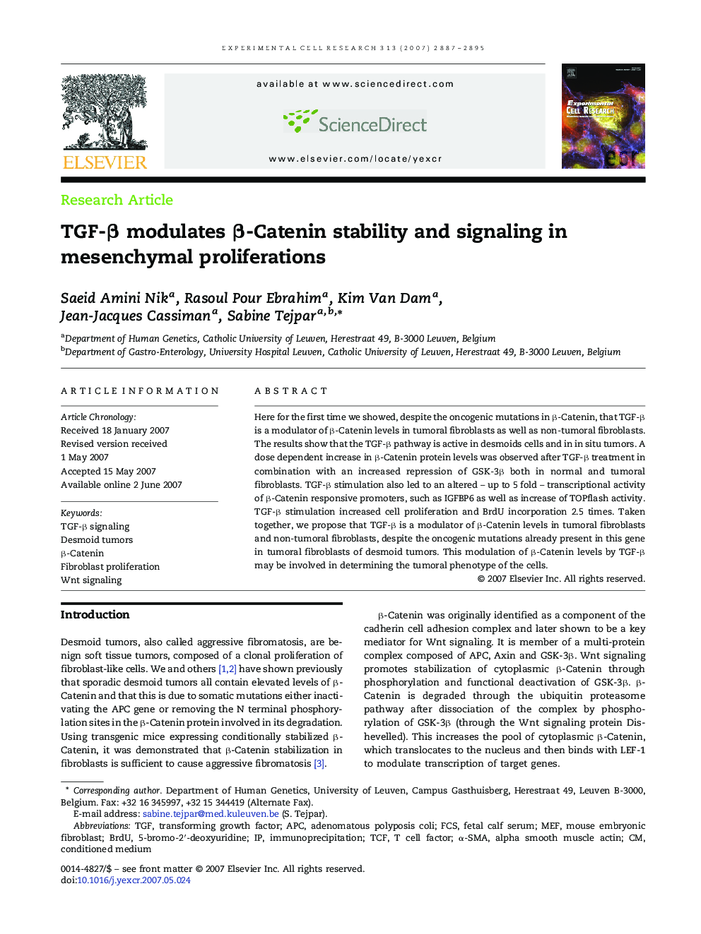 TGF-Î² modulates Î²-Catenin stability and signaling in mesenchymal proliferations