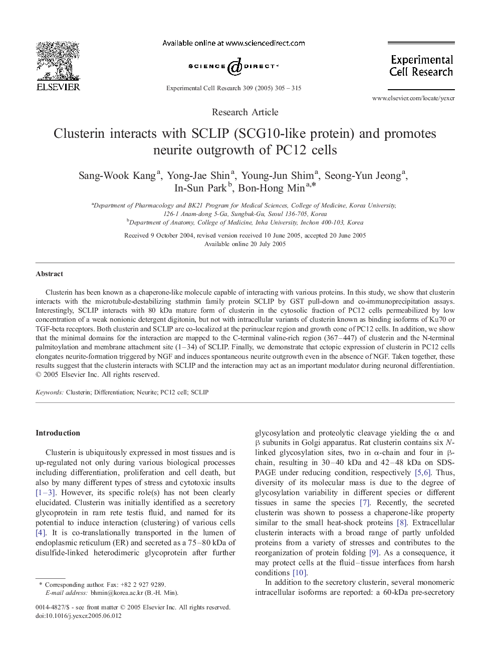 Clusterin interacts with SCLIP (SCG10-like protein) and promotes neurite outgrowth of PC12 cells