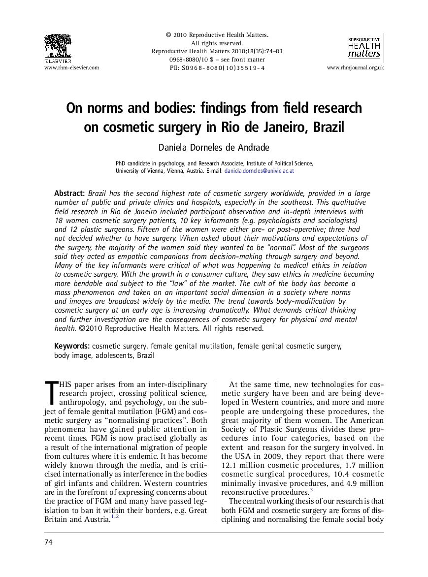 On norms and bodies: findings from field research on cosmetic surgery in Rio de Janeiro, Brazil