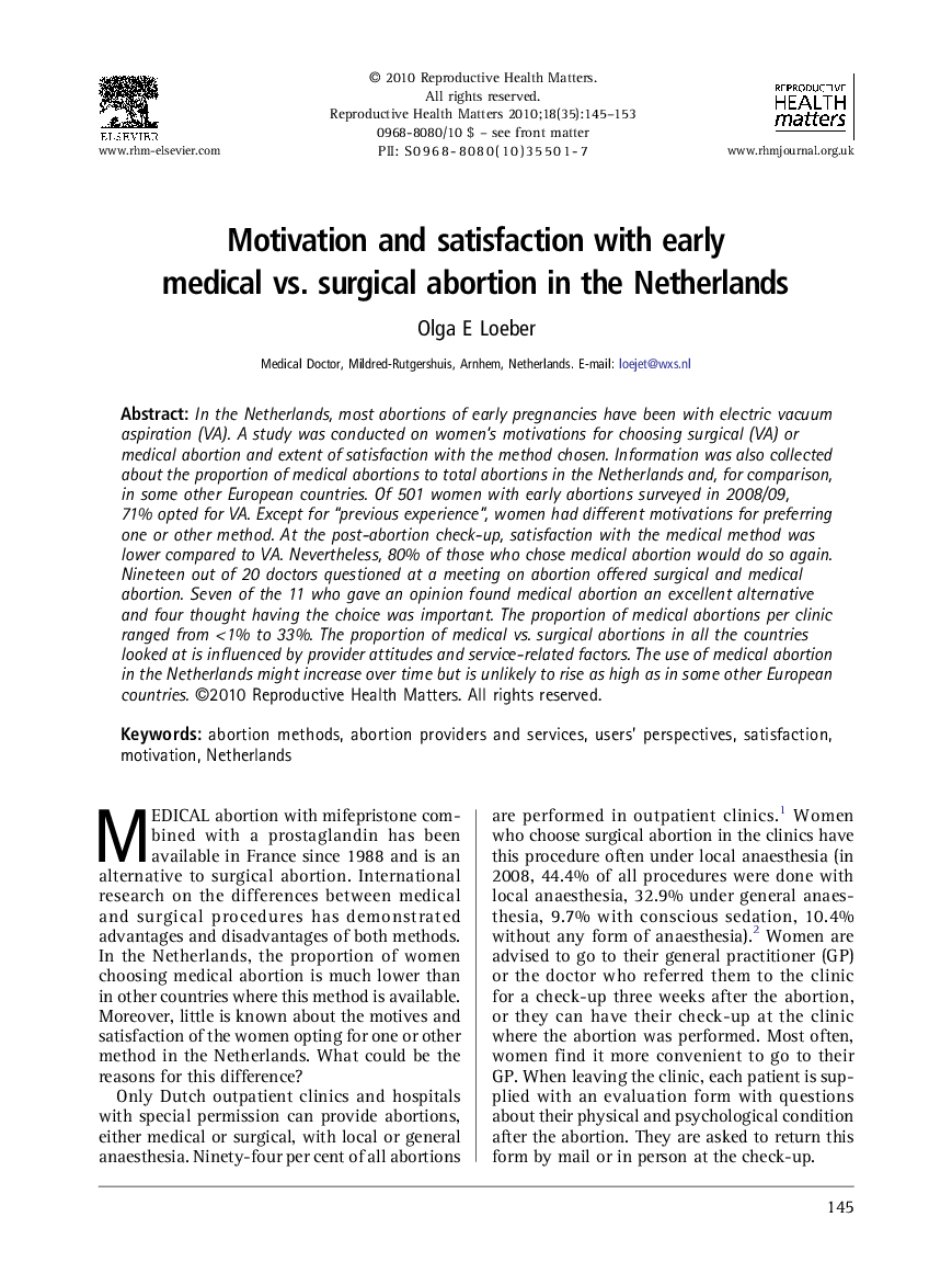 Motivation and satisfaction with early medical vs. surgical abortion in the Netherlands