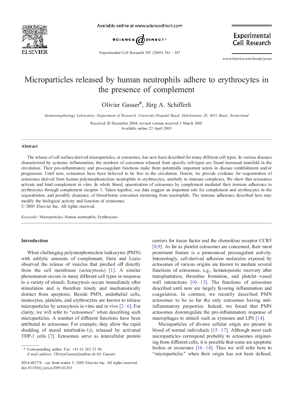 Microparticles released by human neutrophils adhere to erythrocytes in the presence of complement