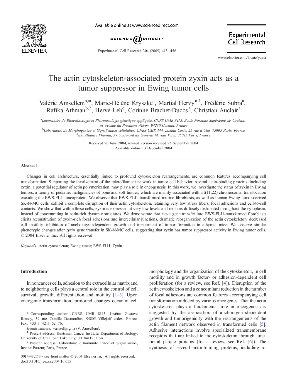 The actin cytoskeleton-associated protein zyxin acts as a tumor suppressor in Ewing tumor cells