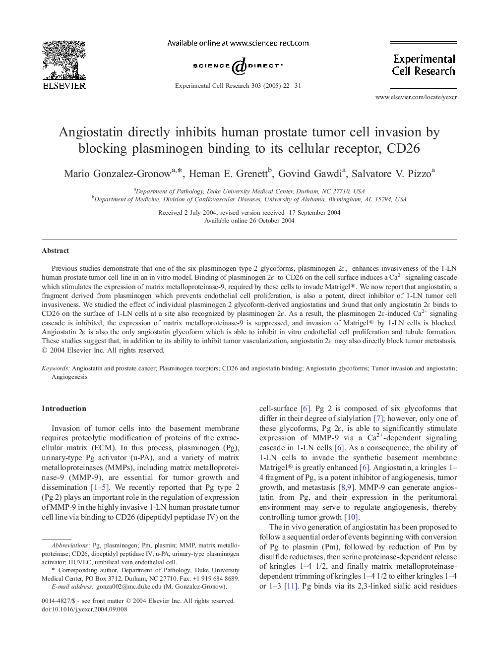 Angiostatin directly inhibits human prostate tumor cell invasion by blocking plasminogen binding to its cellular receptor, CD26