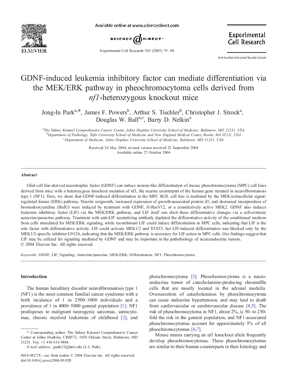 GDNF-induced leukemia inhibitory factor can mediate differentiation via the MEK/ERK pathway in pheochromocytoma cells derived from nf1-heterozygous knockout mice