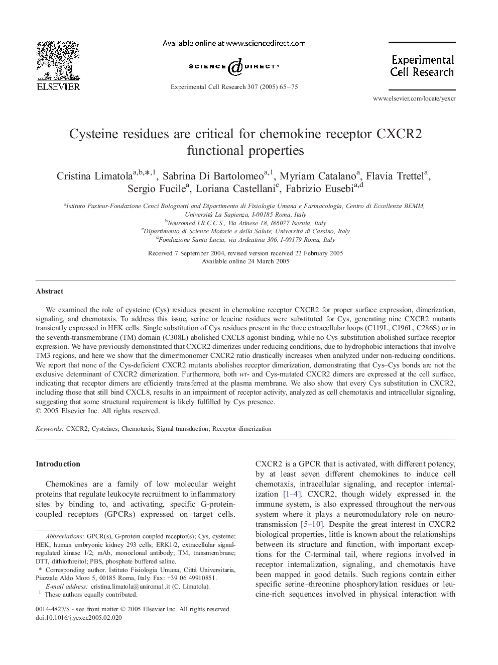 Cysteine residues are critical for chemokine receptor CXCR2 functional properties